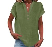 Cotton Linen Tops for Women, 2026 New V-Neck Casual Linen Tunic Tops, Comfy Loose Solid Button Tunic Blouse (Army Green,M)