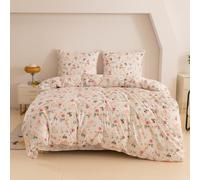 Cotton Market Parure de lit 220x200 cm avec taie d'oreiller - Ensemble 3 pièces - Housse de Couette 220x200 cm et 2 taies d’Oreiller (70x80 cm) - Fleurs Lapin