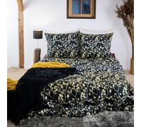 Cotton Market - Parure de lit 220x200 cm - Coton Microfibre - Ensemble 3 pièces - Housse de Couette 220x200 cm et 2 taies d’Oreiller 70x80 cm - Fleurs, Noir et Or
