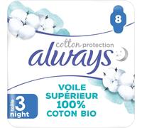 Cotton Protection Night Serviettes Avec Ailettes X8,Voile Supérieur 100% Coton Biologique