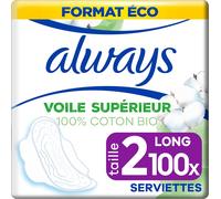 Cotton Protection Serviettes Hygi¿¿Niques, Taille 2, Long, 100 Serviettes Hygi¿¿Niques Avec Ailettes, Flux Mod¿¿R¿¿S Jour, Format Eco, Voile 100% Coton Bio, Sans Parfum