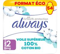 Cotton Protection Serviettes Hygiéniques,Taille 2,Long,54 Serviettes Hygiéniques Avec Ailettes,Flux Modérés Jour,Format Eco,Voile 100% Coton Bio,Sans Parfum,Emballage Papier Recyclable