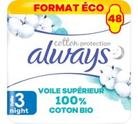 Cotton Protection Ultra Night (Taille 3) Serviettes Avec Ailettes X48, Voile 100% Coton Biologique