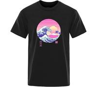 Cotton T Shirt Men Printed Vaporwave Aesthetics Top Tee Shirts Hip Hop O-Neck Short Sleeve T-Shirts Male Japan Style Black Manches Courtes(Small)