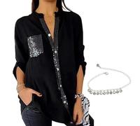 Cotton V-Neck Sequin Mid-Sleeve Casual Top,Button Up Glitter Short Sleeve for Women,Plus Size Pocket Tee Shirt Top