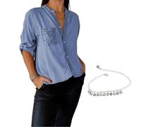 Cotton V-Neck Sequin Mid-Sleeve Casual Top,Button Up Glitter Short Sleeve for Women,Plus Size Pocket Tee Shirt Top
