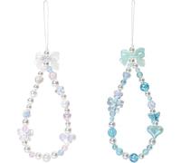 COTYPOFLIYTT Lot de 2 bracelets à breloques pour téléphone - Jolis bracelets à breloques en forme de papillon avec nœud et cœur - Pour adolescentes et femmes - Bleu, blanc