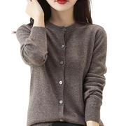 Couawaticy Gilet en cachemire pour Femme, col rond, manches longues, tricoté, couleur unie, doux, pour le printemps, l'automne, l'hiver, 5 - Café, L