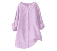 Couawaticy Haut en lin pour femme - Manches longues - Col en V - Grande taille - Solide - Boutonné - Coupe ample - Tunique à porter avec des leggings - Vêtements de plage pour vacances, 1-Rose, 4XL