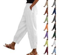 Couawaticy Pantalon capri d'été tendance en coton et lin pour femme - Coupe droite - Taille élastique - Cordon de serrage - Solide - Avec poches - Vacances à la plage