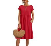 Couawaticy Robes d'été pour femmes UK 2025 - Robe décontractée à manches courtes avec poches - Robe maxi imprimée - Robe de plage élégante, Rouge-1., L