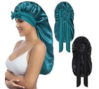 Coubeau 2 PCs Bonnet de Nuit Long en Satin pour Femme - Tissu Doux et Confortable de Haute Qualité Adapté aux Cheveux Longs et Bouclés - Bande élastique et Réglable