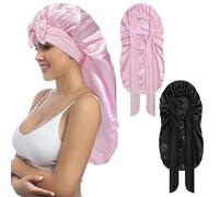 Coubeau 2 PCs Bonnet de Nuit Long en Satin pour Femme - Tissu Doux et Confortable de Haute Qualité Adapté aux Cheveux Longs et Bouclés - Bande élastique et Réglable