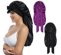Coubeau 2 PCs Bonnet de Nuit Long en Satin pour Femme - Tissu Doux et Confortable de Haute Qualité Adapté aux Cheveux Longs et Bouclés - Bande élastique et Réglable