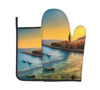 Coucher de soleil à Barcelone Gants résistants à la chaleur, gant de cuisine et manique 2 pièces, essentiel pour la cuisine, la pâtisserie et les grillades