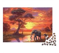 Coucher de Soleil Africain Puzzle 1000 Pièces pour Adultes Scène Éléphant Jeu de Puzzle Déco Maison Cadeau Famille 52x38cm/1000pcs