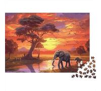 Coucher de Soleil Animaux 1000 Pièces Puzzle pour Adultes Puzzle Papier Épais Éducatif Élèphant d'Afrique Décoration Murale Détente 38x26cm/1000pcs