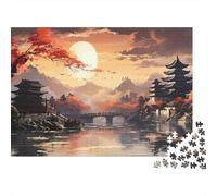 Coucher de Soleil Architecture Japonaise Puzzle 1000 Pièces Papier pour Adultes Vue sur Pont Jeu de Puzzle 1000 Pièces Décoration Maison 52x38cm/1000pcs