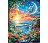 Coucher de soleil côtier sous une pleine lune 300 Pieces Casse-tête Créatif En Carton Épais Rigide Rêve magique de science-fiction Difficulté Moyenne Activité Manuelle Loisir Créatif Cadeau Noël Pas C
