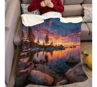 Coucher de Soleil Couverture Polaire Paysage de rochers au Bord du lac Douce Duveteux Flanelle imprimée Confortable Plaid Polaire 70 x 100 cm pour Canapé, Lit, Enfants, Adolescents et Adultes