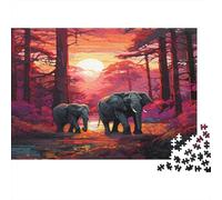 Coucher de Soleil dans la forêt avec des éléphants | pour Adultes |Style Art numérique Vibrant| 52x38cm/1000pcs Puzzles Jeux Éducatifs Puzzles De Décoration Intérieure