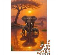 Coucher de Soleil de Famille éléphant 1000 Pièces Carton Extra Épais Puzzle Classique Couple Partenaires Entraînement du Cerveau Belle Décoration Idée Cadeau 38x26cm/1000pcs