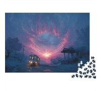 Coucher de Soleil d'hiver en Bus avec Aurore boréale Rouge au-Dessus d'une Cabine - Puzzle de 1000 pièces pour Adultes - Activité ludique et stimulante à Faire à la Maison - 38 x 26 cm