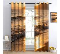 Coucher de Soleil doré Draperies Occultant, Vagues océaniques Rideaux Salon, Plage Panneaux de Rideaux intérieurs, Paysages côtiers Chambre Décoration Fenêtre L140 x H220cm 2 Panneaux