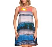 Coucher de soleil et lever du soleil avec imprimé vagues de mer et océan, robe d'été sans manches pour femme, robe d'été décontractée, plage, fête, usage quotidien, maison, bureau, voyage, Noir , S