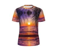 Coucher de soleil océan avec palmiers tropicaux crépuscule paysage crépusculaire T-shirt à manches courtes en maille pour hommes T-shirt imprimé à manches courtes pour hommes, Noir , 4XL