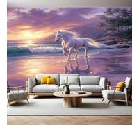 Coucher de Soleil Papier Peint Intissé 200x140 cm Dauphin Licorne Papier Peint Panoramique Mural Affiche Géante Décoration Murale Photo Salon Chambre D'enfant Décor Fond TV
