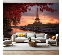 Coucher de Soleil Papier Peint Intissé 200x140 cm Tour Eiffel à Paris Papier Peint Panoramique Mural Affiche Géante Décoration Murale Photo Salon Chambre D'enfant Décor Fond TV
