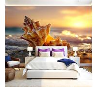 Coucher De Soleil Papier Peint Panoramique 3D Intissé Coquillages dorés sur la plage Panoramique Peinture Murale pour Salon Chambre à Coucher D'Enfant Maison Personnalisé Décoration Murale 350x256 cm