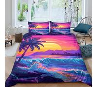 Coucher de Soleil Plage Ensemble De Literie résistante 3 pièces 3D Imprimée Léger Pixel Art Tropical Housse de Couette avec Taie d'oreiller Entretien Facile for Chambre Adulte Double（200x200cm）