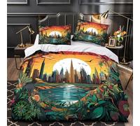 Coucher de soleil sur la ville Housse de Couette Imprimé en 3D Microfibre Hypoallergique Léger Jungle urbaine Parure de Lit Fermeture Éclair Super Douce Confortable for Garçon Single（135x200cm）