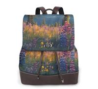 Coucher de soleil sur les hautes montagnes et les parterres de fleurs Sac à dos de voyage tendance pour femme, sac à dos décontracté, sac à dos en cuir imprimé pour femme pour le travail