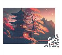 Coucher de Soleil Temple Japonais 1000 pièces Puzzle soirée Jeu en Famille Paysage de Montagne de pagode d'automne au crépuscule Premium Robuste Haute qualité soulagement du Stress 38x26cm/1000pcs