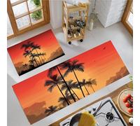 Coucher Soleil sous Les Palmiers Tapis de Cuisine, Orange-Rouge Tapis Cuisine Devant Evier Long Antidérapant Lavable, Plantes Tropicales Paillasson Lavable Décoratif Salon Couloir - 40x60+40x120cm