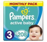 Pampers Couches De Couches Taille 3 (6-10kg), Active Bébé Couche, 208 Pièces, Emballage Mensuel, Protection De Fuite 24 Jour