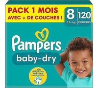 Couches Pampers Baby-Dry Taille 8 (17+ kg), 120 Couches Bébé, Pack 1 Mois, Double-Barrière Anti-Fuites