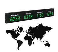 COUCHO Grande Horloge Mondiale numérique à LED, Horloge Mondiale Multi-fuseaux horaires 3/4/5 avec Villes Personnalisables, écran HD, horloges électroniques murales d'intérieur(Green,4)