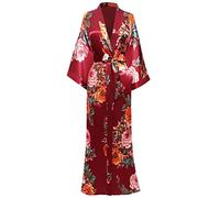 Coucoland Kimono Robe de chambre longue en satin pour femme Peignoir pour femme Motif fleurs - Taille Unique (Vin Rouge)