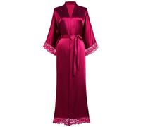 Coucoland Kimono Robe de Chambre longue Satin Robe de Nuit avec Bordure en Dentelle pour Femme Taille Unique (Bordeaux)