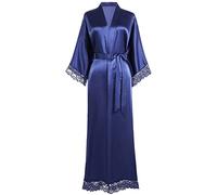 Coucoland Kimono Robe de Chambre longue Satin Robe de Nuit avec Bordure en Dentelle pour Femme Taille Unique (Bleu)