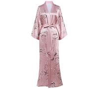 Coucoland Robe de chambre longue en satin pour femme Kimono Motif à fleurs Peignoir long Imprimé pour femme Fleurs Manteau de nuit pour fille Pajama Party (Style-1-Rose)