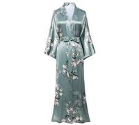 Coucoland Robe de chambre longue en satin pour Femme Robe de plage Kimono Motif à fleurs Cardigan Peignoir Long Imprimé pour Femme Robe Longue FleursPajama Party Style-3-Vert
