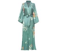 Coucoland Robe de chambre pour femme Kimono classique Imprimé Peignoir Femme Long à Motif floral Robe de chambre Fille Pajama Party - Taille Unique (Vert argenté)