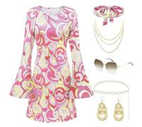 Coucoland Tenues disco des années 70 pour femme, robe hippie des années 60, accessoires de fête, lunettes de soleil et bandeau, rose