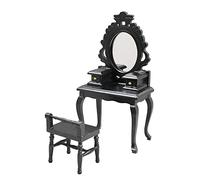 CoudarTitie Mini Coiffeuse avec Miroir Set Accessoires Meuble Miniature Bois pour Maison de Poupée 1/12 Comprenant Chaise et Dressing Artisanal Adaptée Aux Amateu, noir