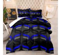 Couette 1 Personne Bande Bleue Grise Couette Ete Polyester Edredon Respirante Epaisse Lavable Legere Chaude Duvet 4 Saisons+2 Taies d'oreiller(50x75cm) 140x200cm